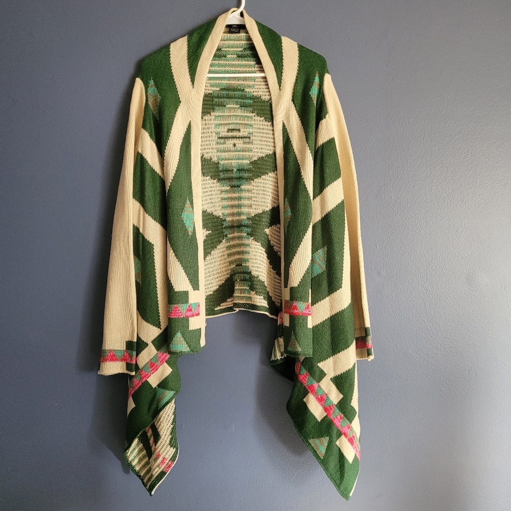 B Sharp Mohair Blend Colorful Aztec Tribal Print Poncho Cardigan Sweater Sz L